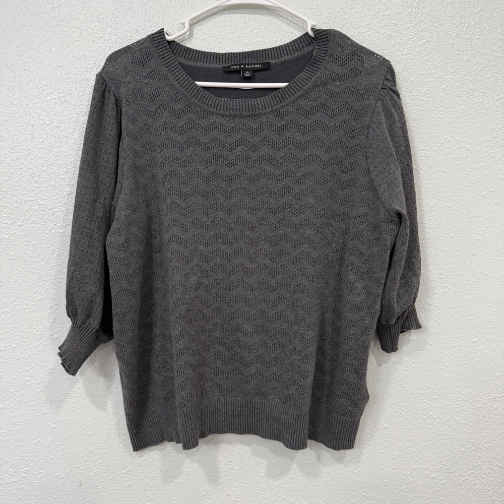 Zac & Rachel Gray Pointelle Chevron Knit Puff 3/4 Sleeve Sweater XL